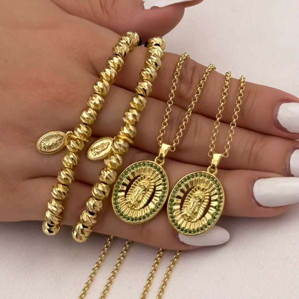 Conjuntos Para Parejas Con Cadenas De Tejido Aros, Dijes De La Virgen De Guadalupe Y Manillas Italianas Con Dijes De La Virgen De Guadalupe