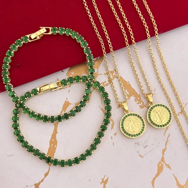 Conjuntos Para Parejas Con Cadenas De Tejido Aros, Dijes De San Benito Con Piedras Verdes Y Pulseras De Tejido Tenis Verde
