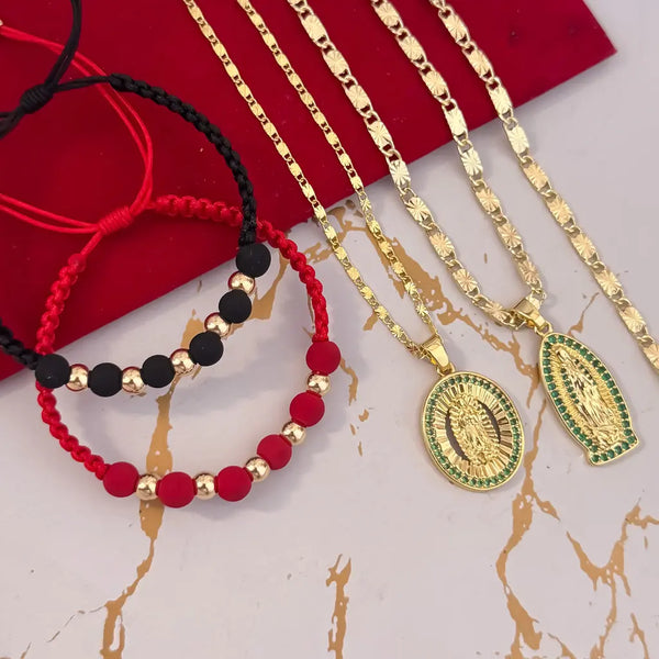Conjuntos Para Parejas Con Cadenas De Tejido Caracol Con Destellos, Dijes De La Virgen De Guadalupe Y Par De Manillas De Balines Y Neoprenos
