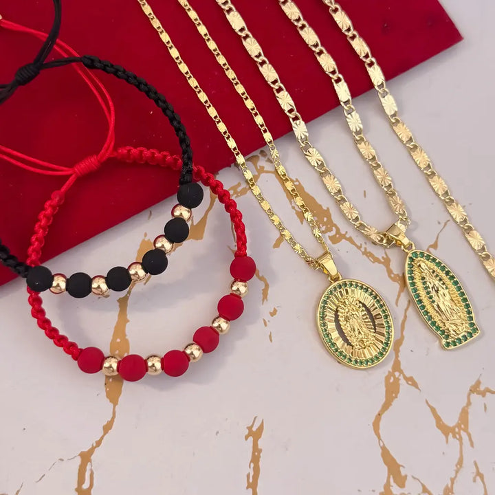 Conjuntos Para Parejas Con Cadenas De Tejido Caracol Con Destellos, Dijes De La Virgen De Guadalupe Y Par De Manillas De Balines Y Neoprenos