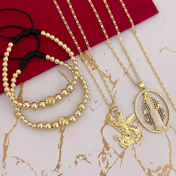 Conjuntos Para Parejas Con Cadenas De Tejido Caracol, Dijes De San Miguel, Virgen Milagrosa Y Par De Manillas Full Balines