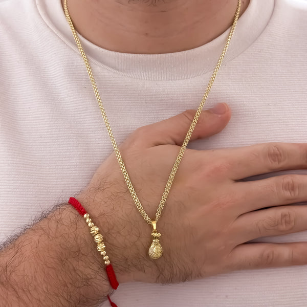 Cadena Tejido Chino de Hombre de 60cm de 3mm + Bolsa de Dinero + Pulsera Hilo Rojo Balin italiano en Oro laminado 18k con Garantia de por vida