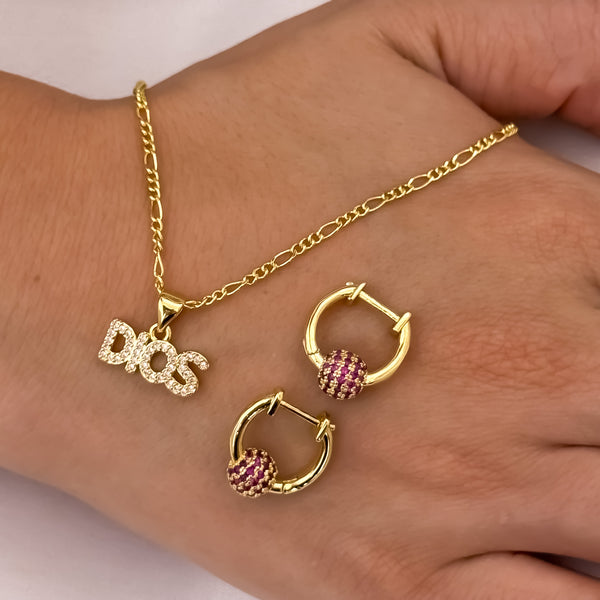 Cadena Tejido Catier de Dama de 45cm + Dije de Dios con Micro circones + Candonga Circon en Oro laminado 18k