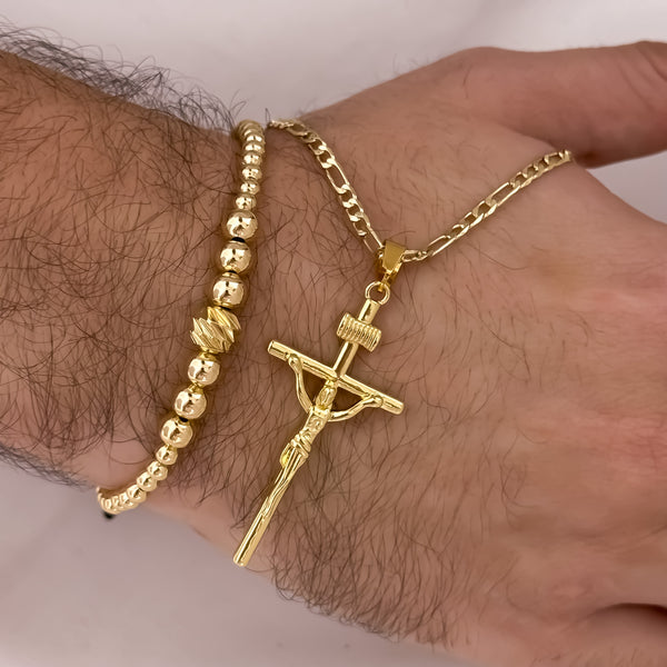 Cadena Tejido Catier de hombre de 69cm + cruz cristo Madero + Pulsera Full balines en Oro Laminado 18k con garantía
