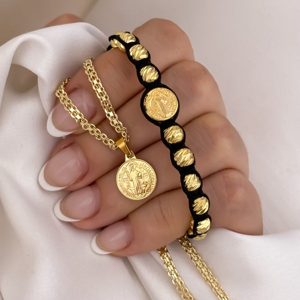 Cadena Tejido Chino de Dama de 45CM de 3mm + San Benito Proteccion + Pulsera San Benito Tejida Balin italiano de 5mm en Oro Laminado 18k con Garantia de por vida
