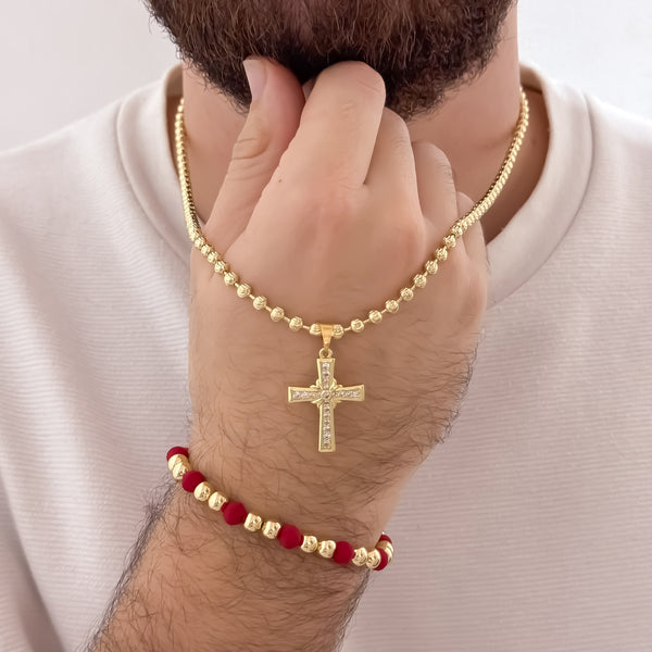 Cadena Tejido Militar de Hombre de 60cm de 4mm + Cruz con Micro Circones Cristales + Pulseras Tejida Hilo Rojo Balin 5mm en Oro Laminado 18k con Garantia de por vida