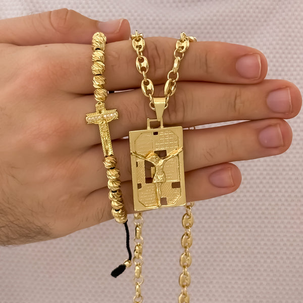 Cadena Tejido Gucci de Hombre de 60cm de 5mm  + Placa Cristo Madero Proteccion + Pulsera Balin italiano de 5mm con Herraje de Cruz Cristo Madero en Oro laminado 18k con Garantia de  por vida