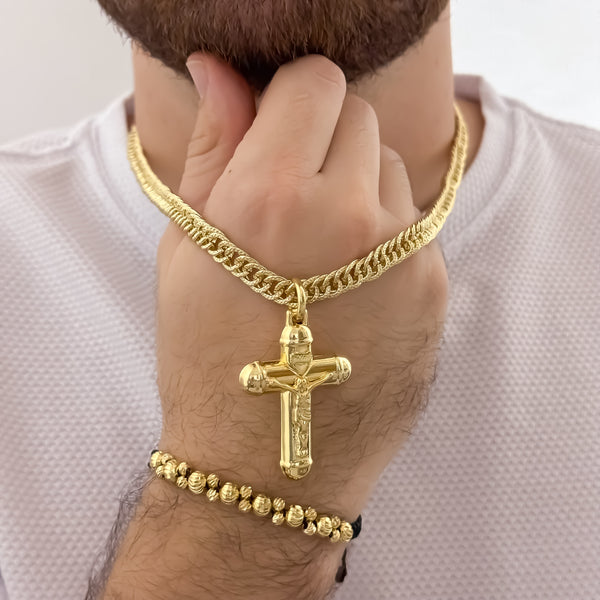 Cadena Tejido Cubana Cruzada de 60cm de 5mm + Cruz Cristo Madero Grande + Pulsera Balin Italiano de 2 Carriles en Balin italiano en Oro Laminado 18k con Garantia de por vida