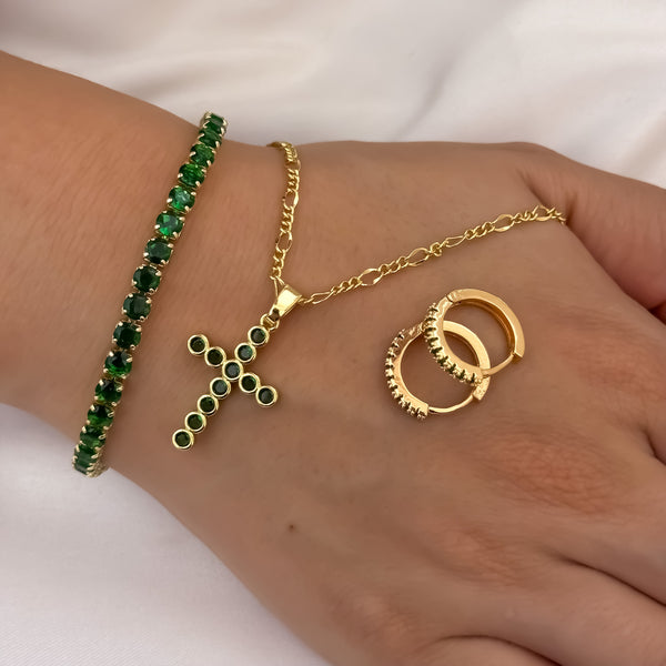 Cadena Tejido Cadena Catier de Dama de 45cm + Cruz con Micro circones Verde Esmeralda + Candongas Mediana Verde + Pulsera Tennis Verde Esmeralda en Oro Laminado 18k con Garantia de por vida