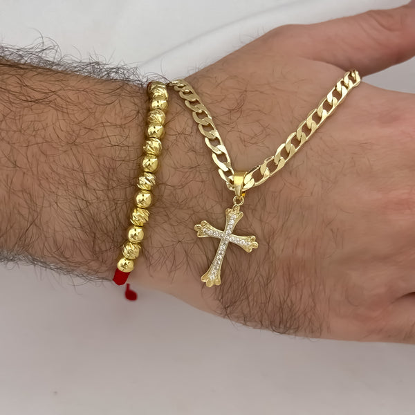 Cadena Tejido Cubana de Hombre de 60cm de 5mm de Grosor + Cruz Trebol con Micro Circones + Pulseras en Balin italiano de 6mm en Oro Laminado 18k con Garantia de por vida