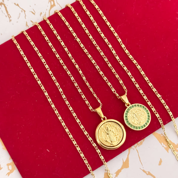 Promo de 2  Cadenas para ´Parejas en Tejido Caracol de Hombre de 60cm + Dama de 45cm + Dije de San Benito Protección en Oro Laminado 18k con Garantia de por vida