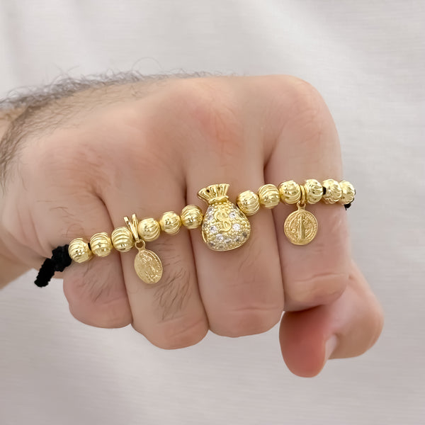 Pulsera de Abundancia y Protección Balin Italiano de 6mm  de Virgen Guadalupe + Bolsa de Dinero + San Benito Proteccion en Oro Laminado 18k con Garantia de por vida