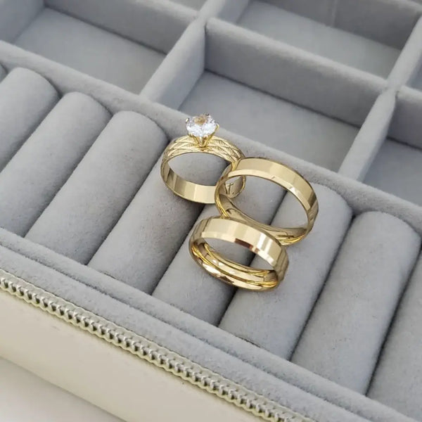 Juego De Par De Argollas De Matrimonio Lisos + Argolla De Compromiso De Marcado Ciclón