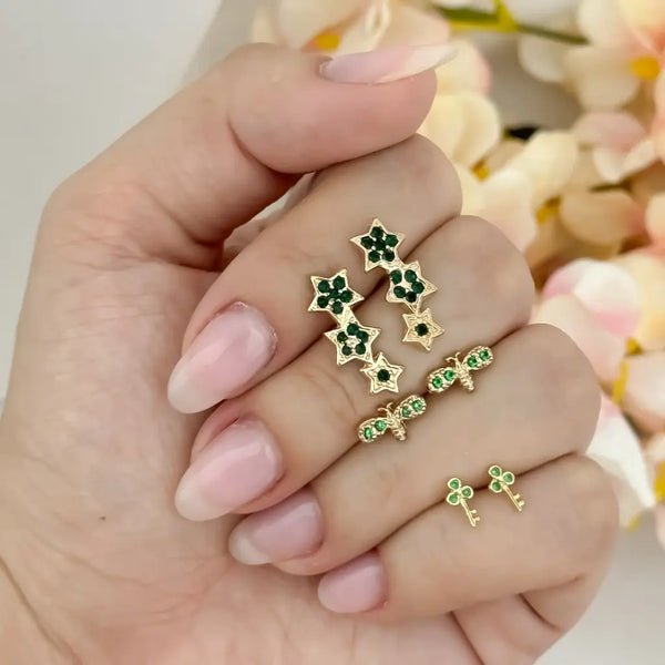 Juego De Tres Pares De Topos De Dama, Estrellas Verdes; Libélulas Y Llaves.