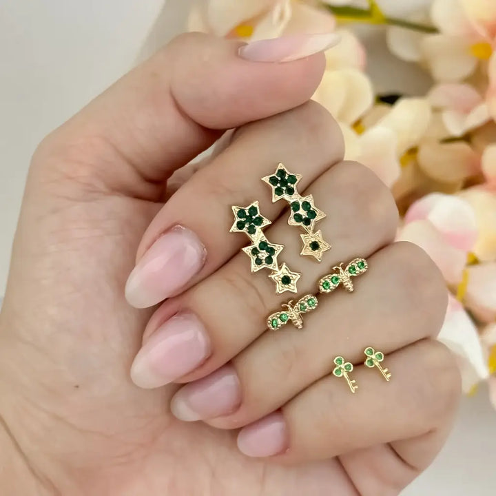 Juego De Tres Pares De Topos De Dama, Estrellas Verdes; Libélulas Y Llaves.