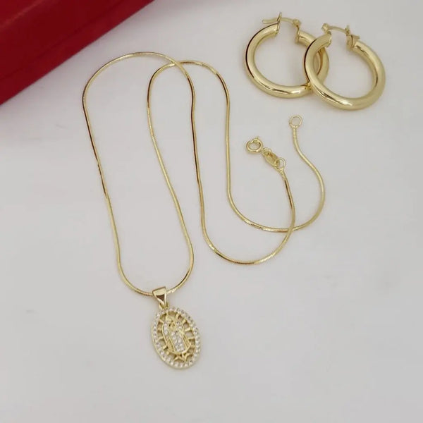 Juego de Cadena De Dama De Tejido Cola De Ratón de 50cm-1mm De Grosor + Dije De La Virgen de Guadalupe + Candongas
