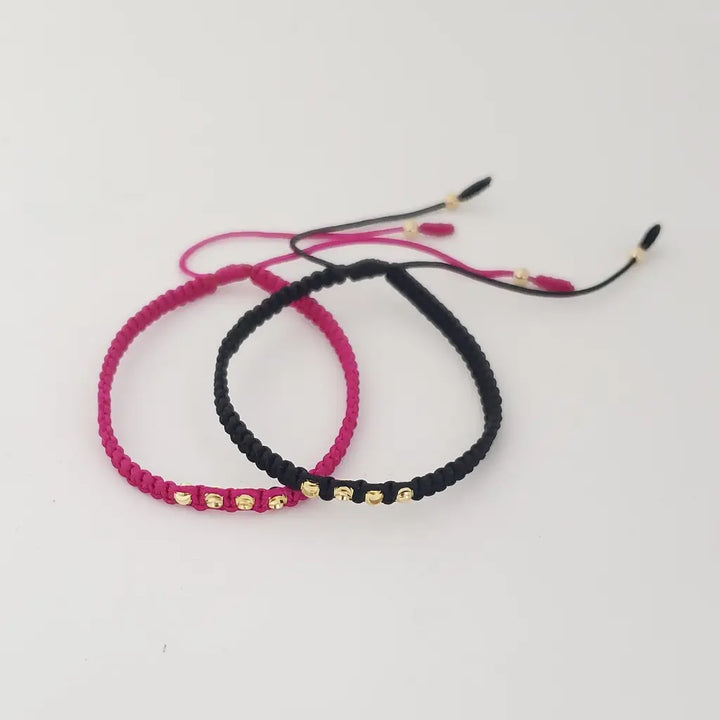 Par De Manillas Fucsia Y Negra De Tejido Macramé Con Balines Italianos + Envío Gratis