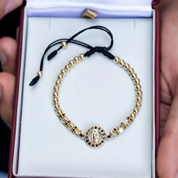 Pulsera De Caballero De Balines Lisos, Italianos Y Rondeles de 4mm Con Herraje De La Virgen de Guadalupe