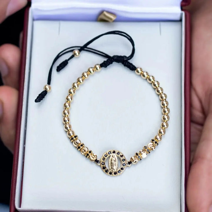 Pulsera De Caballero De Balines Lisos, Italianos Y Rondeles de 4mm Con Herraje De La Virgen de Guadalupe