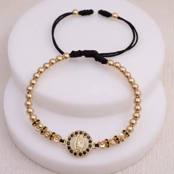 Pulsera De Caballero De Balines Lisos, Italianos Y Rondeles de 4mm + Herraje De La Virgen De Guadalupe