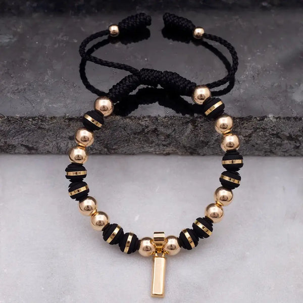 Pulsera De Caballero De Balines Y Neoprenos De 6mm Y Dije De Lingote De Oro