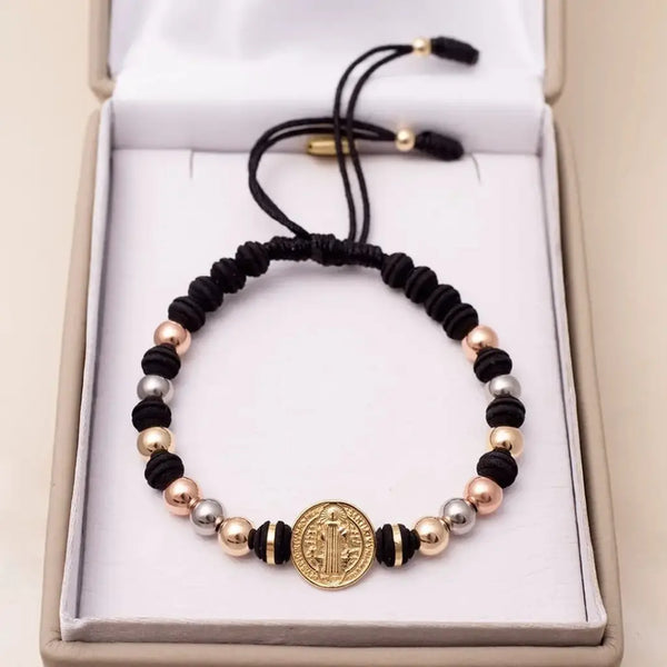 Pulsera De Caballero De Neoprenos y Balines Tres Oros de 6mm, Herraje de San Benito
