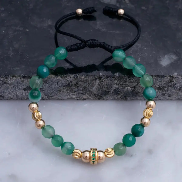 Pulsera De Caballero De Piedras Verde Jade De 6mm y Balines Lisos de 5 y 6mm, Balines Italianos de 5mm y Rondel De 8mm