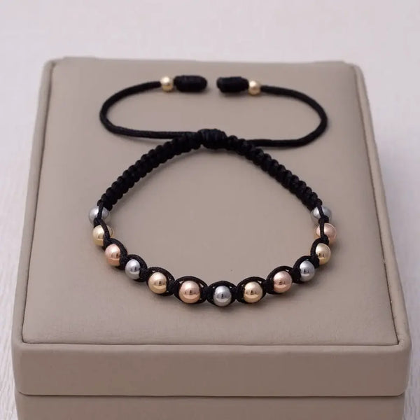 Pulsera De Caballero De Tejido Macramé Con Balines Tres Oros de 4mm