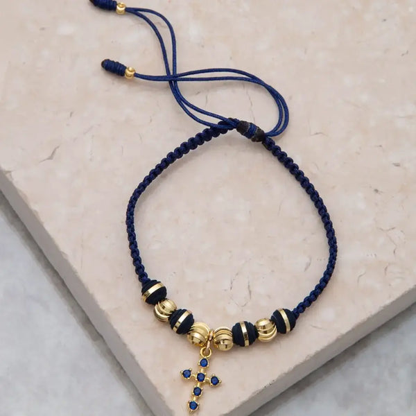 Pulsera De Caballero De Tejido Macramé Con Neoprenos y Balines Italianos de 5mm y Dije De Cruz De Cristales Azules