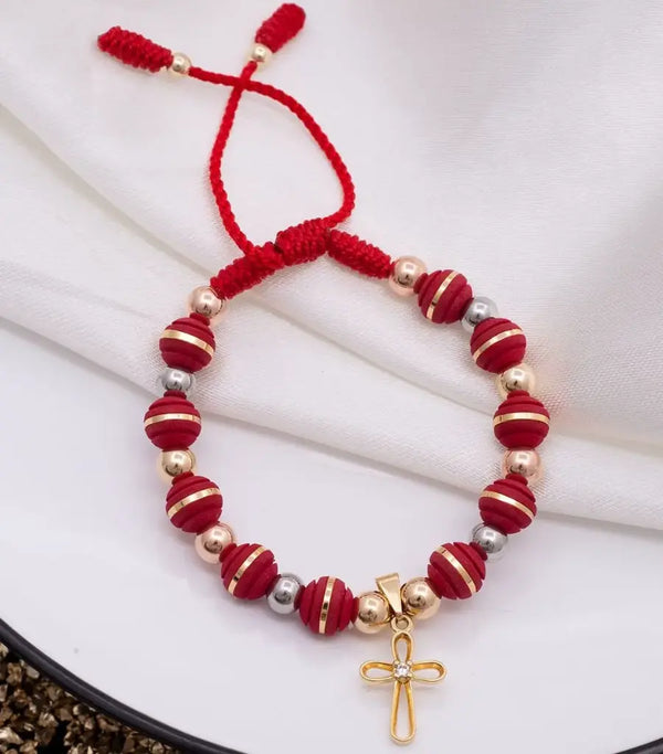 Pulsera De Dama Con Balines Tres Oros De 6mm y Neoprenos de 8mm