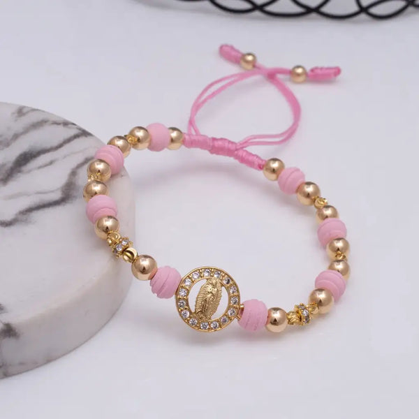 Pulsera De Dama Con Neoprenos de 6mm, Balines Lisos de 5mm, Italianos de 3mm, Rondeles de 4mm y Herraje De La Virgen De Guadalupe