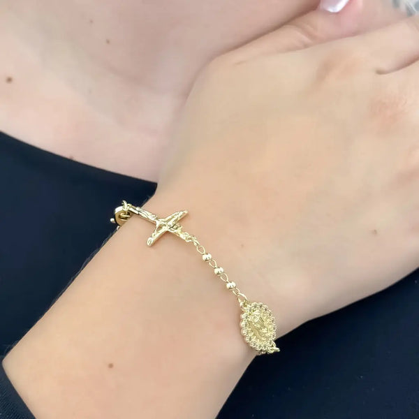 Pulsera De Dama De Balines Lisos, Con Herraje De Cruz Y La Virgen De Guadalupe