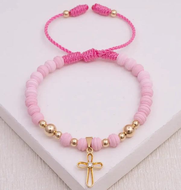 Pulsera De Dama De Neoprenos De 6mm, Balines De 4mm y 6mm y Dije De Cruz