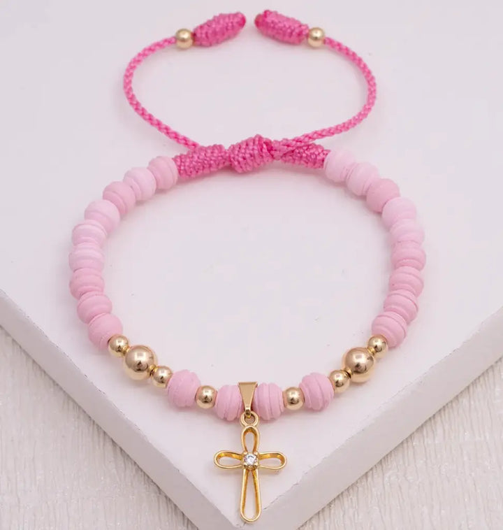 Pulsera De Dama De Neoprenos De 6mm, Balines De 4mm y 6mm y Dije De Cruz