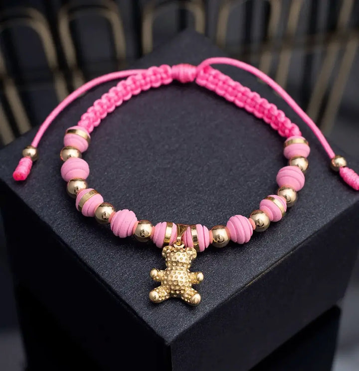 Pulsera De Dama De Tejido Macramé Con Balines De 5mm, Neoprenos de 6mm y Dije de Oso