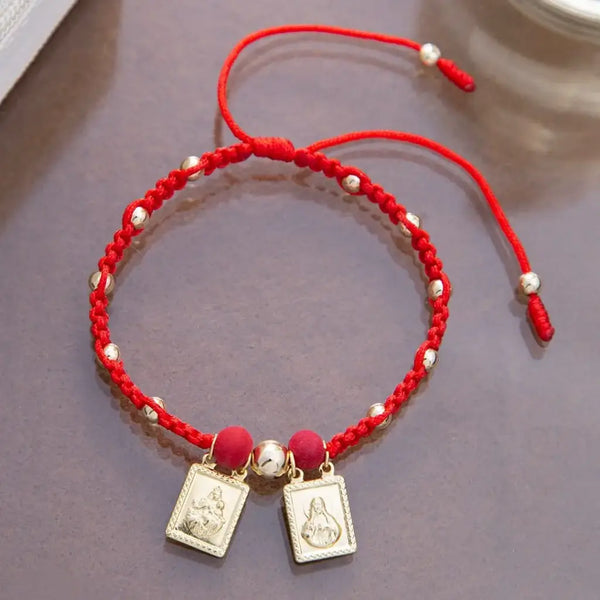 Pulsera De Dama De Tejido Macramé Con Balines Lisos De 4mm y 6mm, Neoprenos De 6mm y Dijes De La Virgen Del Carmen y El Sagrado Corazón De Jesus