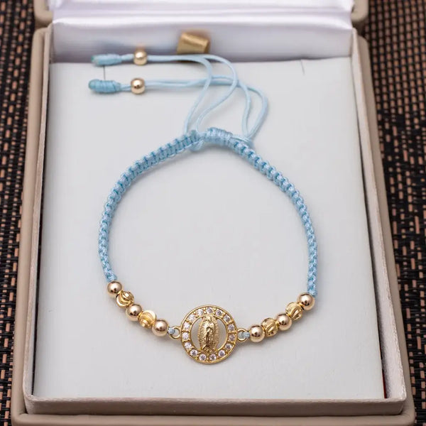 Pulsera De Dama De Tejido Macramé Con Balines Lisos e Italianos De 4mm y Herraje De La Virgen De Guadalupe