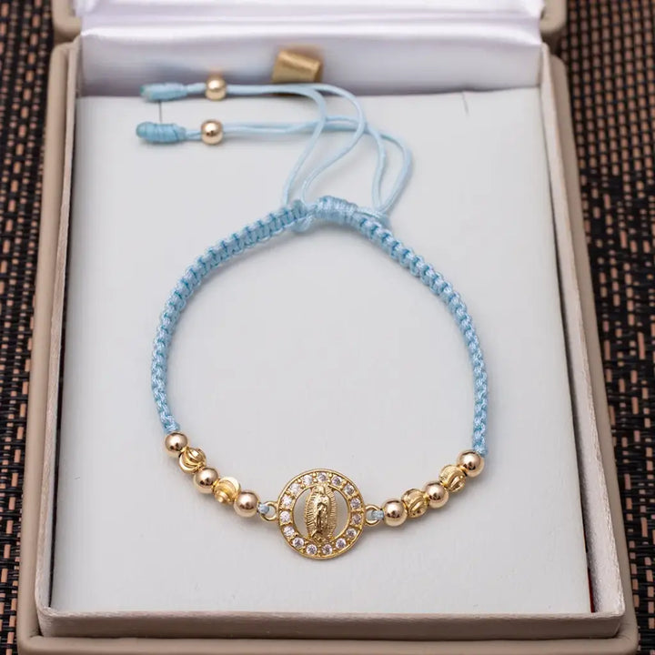 Pulsera De Dama De Tejido Macramé Con Balines Lisos e Italianos De 4mm y Herraje De La Virgen De Guadalupe