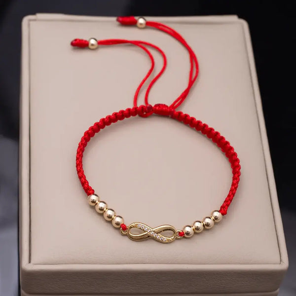 Pulsera De Dama De Tejido Macramé Con Balines de 4mm y Herraje de Infinito