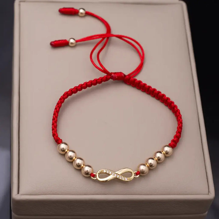 Pulsera De Dama De Tejido Macramé Con Balines de 4mm y Herraje de Infinito