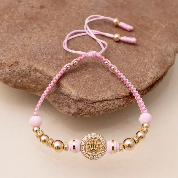Pulsera De Dama De Tejido Macramé Con Neoprenos De 6mm, Balines Lisos de 3mm, 4mm, 5mm Y 6mm, Rondeles de 4mm Y Herraje de Rolex Cristal
