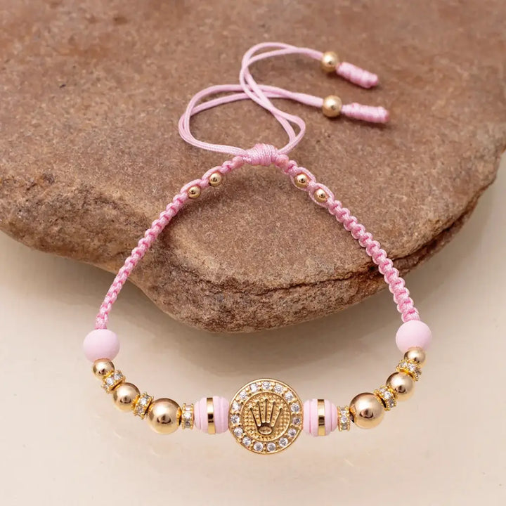 Pulsera De Dama De Tejido Macramé Con Neoprenos De 6mm, Balines Lisos de 3mm, 4mm, 5mm Y 6mm, Rondeles de 4mm Y Herraje de Rolex Cristal