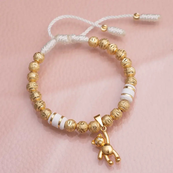 Pulsera De Dama De Terlenca Blanca Con Neoprenos Barril Y Balines Diamantados de 6mm y Dije De Oso