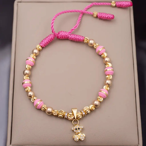 Pulsera De Dama De Terlenca Rosa Con Balines Italianos de 4mm y 5mm, Balines Lisos de 5mm, Rondeles de 4mm, Neoprenos de 6mm y Dije De Oso