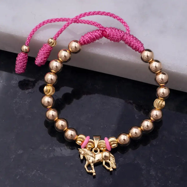 Pulsera De Dama De Terlenca Rosa Con Balines Lisos De 6mm, Balines Italianos de 5mm y Dije De Caballo