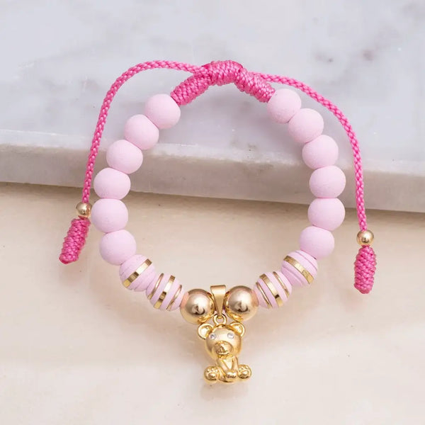 Pulsera De Dama De Terlenca Rosa Con Balines Y Neoprenos De 6mm y Dije De Oso