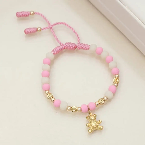 Pulsera De Dama De Terlenca Rosa Con Neoprenos De 6mm, Balines Lisos de 4mm, Italianos de 5m y Dije De Oso