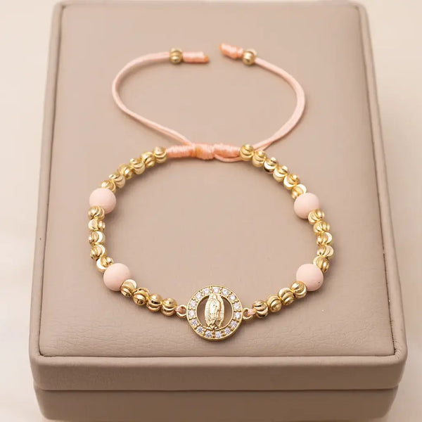 Pulsera De Dama Italiana De Balines Italianos de 4mm y Neoprenos de 6mm  y Herraje De La Virgen de Guadalupe