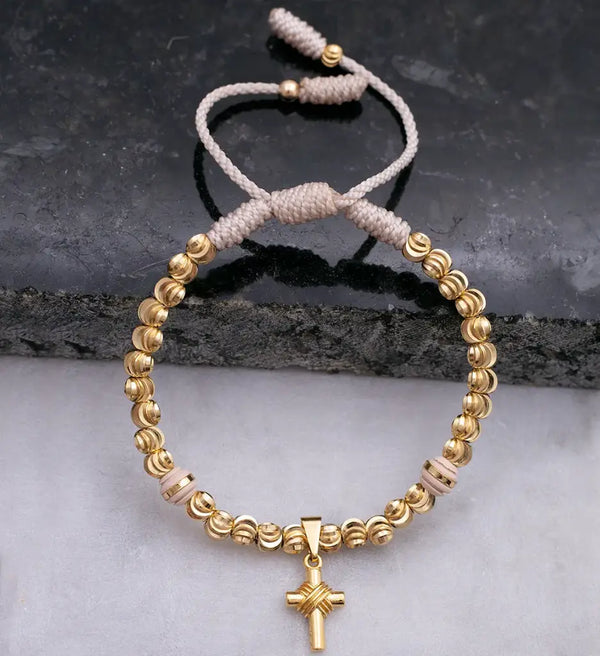 Pulsera Italiana De Dama De Terlenca Blanca Con Balines Italianos De 4mm, Neoprenos de 5mm y Dije De Cruz