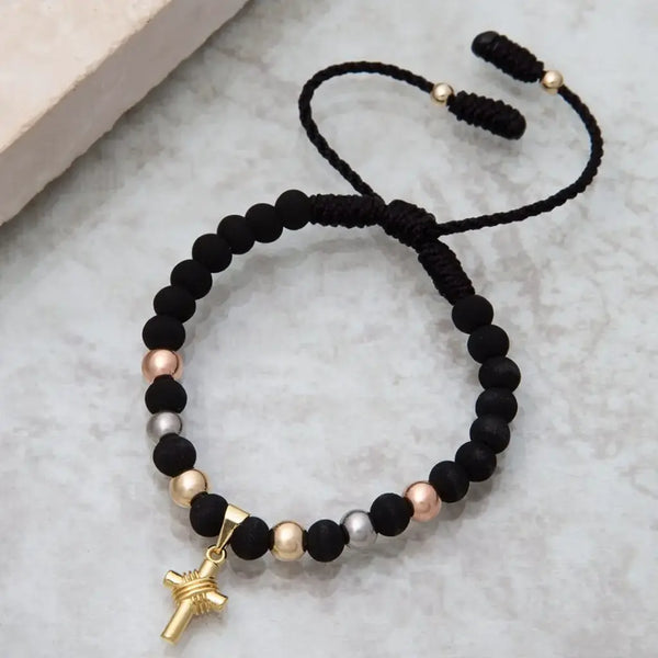 Pulsera de Caballero De Terlenca Negra Con Balines Tres Oros Y Neoprenos de 6mm Y Dije De Cruz